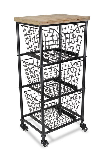 32" Black And Natural Metal And Wood Basket Storage Rolling Cabinet HomeRoots