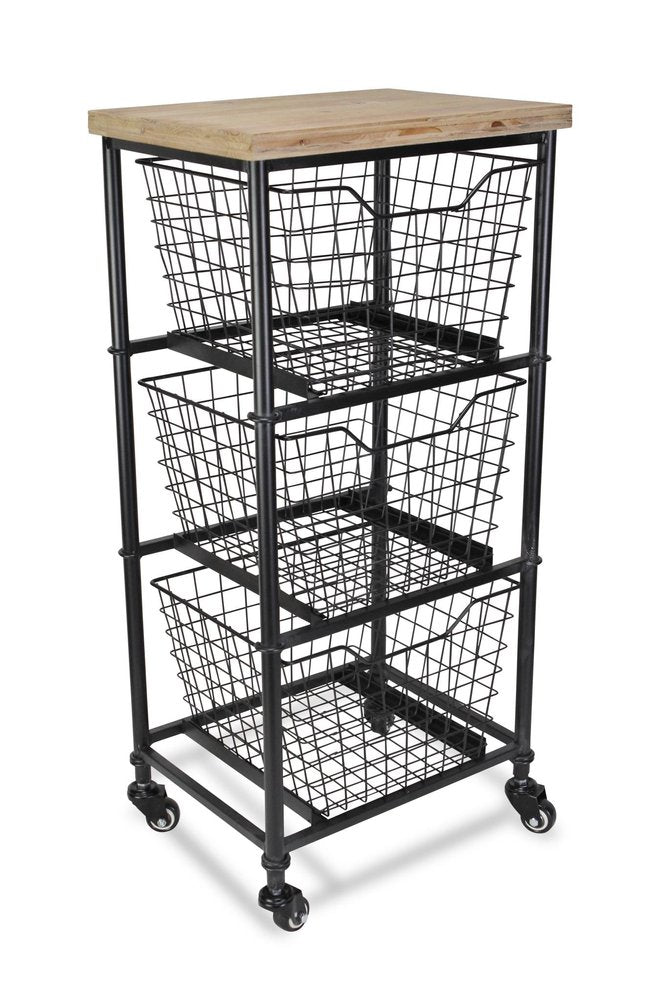 32" Black And Natural Metal And Wood Basket Storage Rolling Cabinet HomeRoots