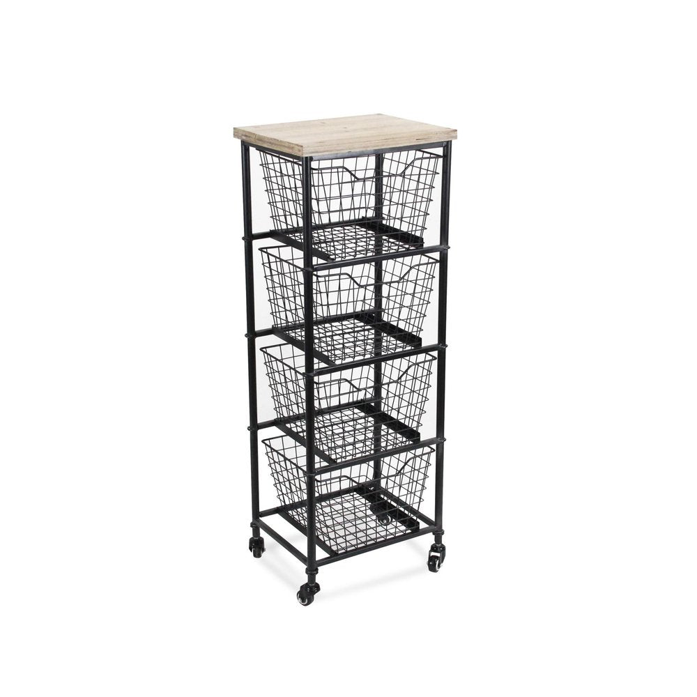 41" Black And Natural Metal And Wood Basket Storage Rolling Cabinet — view 1
