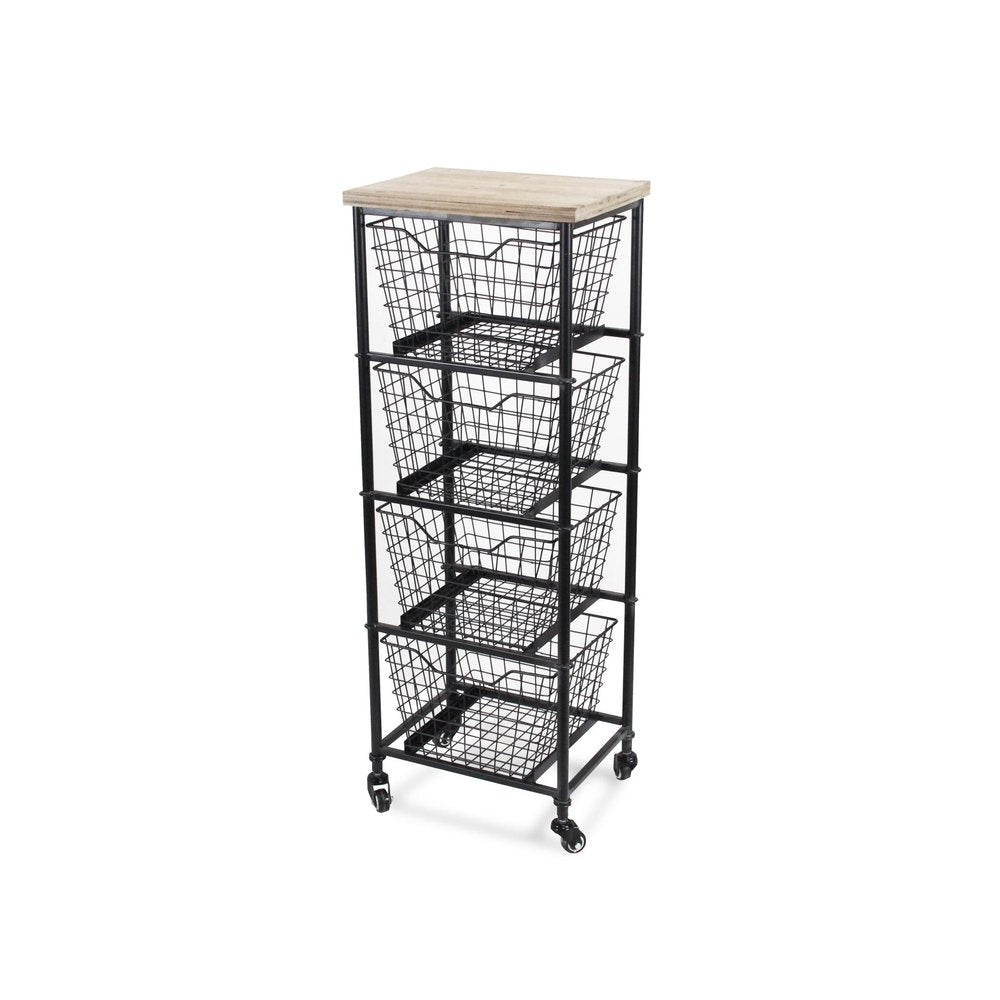 41" Black And Natural Metal And Wood Basket Storage Rolling Cabinet — view 2