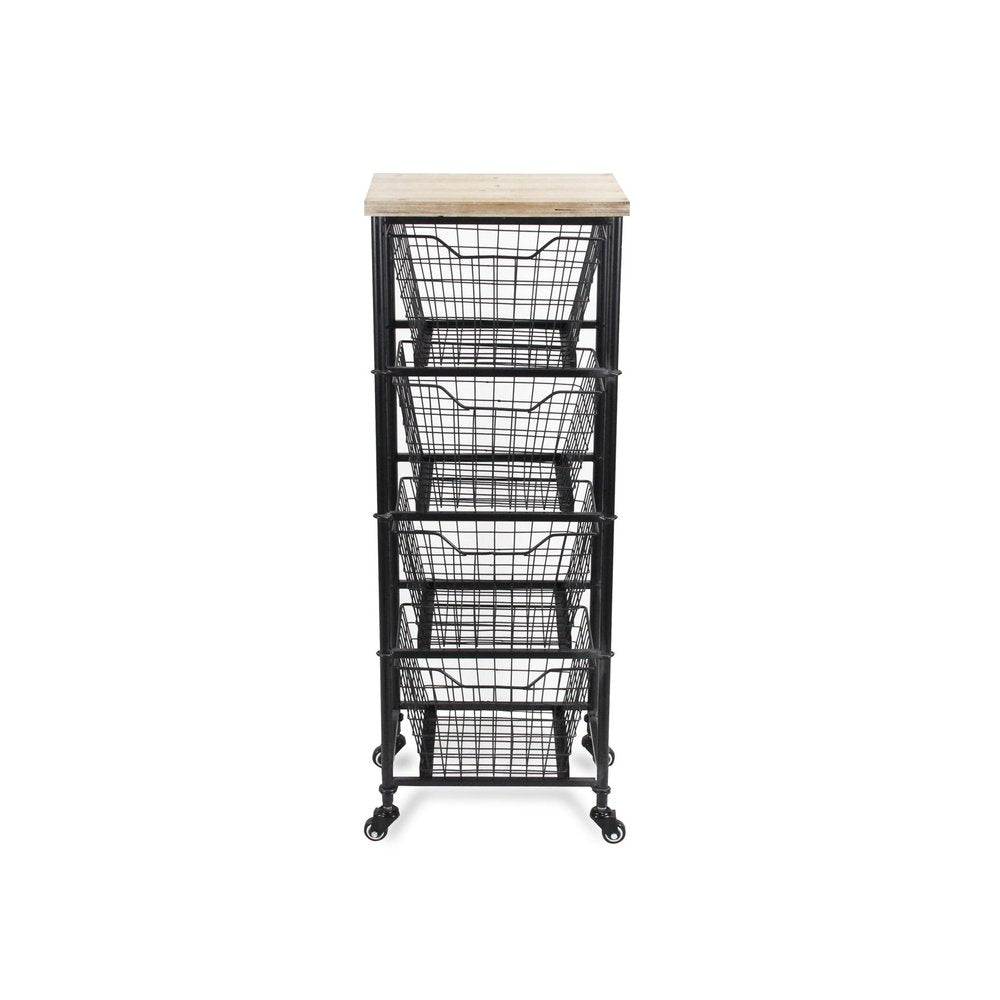 41" Black And Natural Metal And Wood Basket Storage Rolling Cabinet — view 3