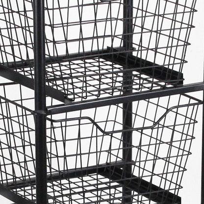 41" Black And Natural Metal And Wood Basket Storage Rolling Cabinet