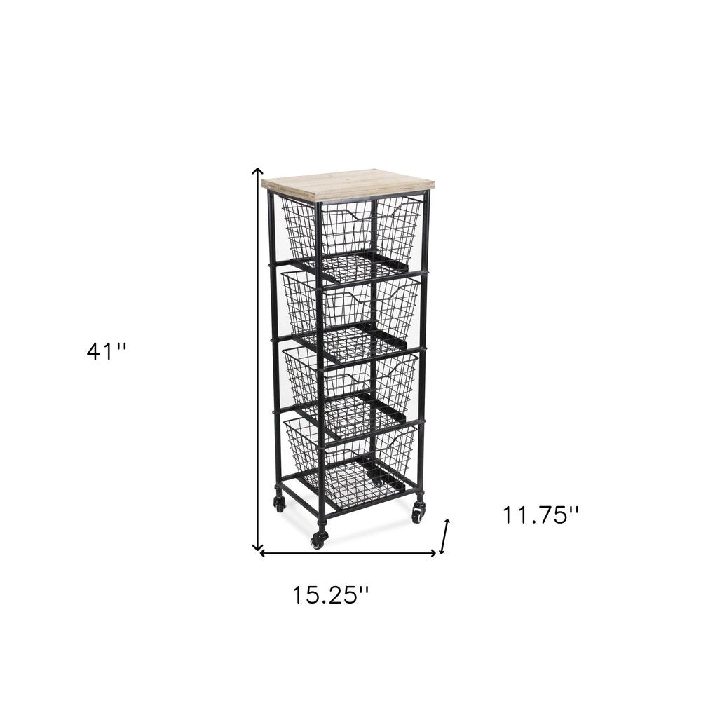 41" Black And Natural Metal And Wood Basket Storage Rolling Cabinet — view 5