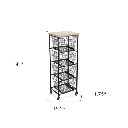 41" Black And Natural Metal And Wood Basket Storage Rolling Cabinet