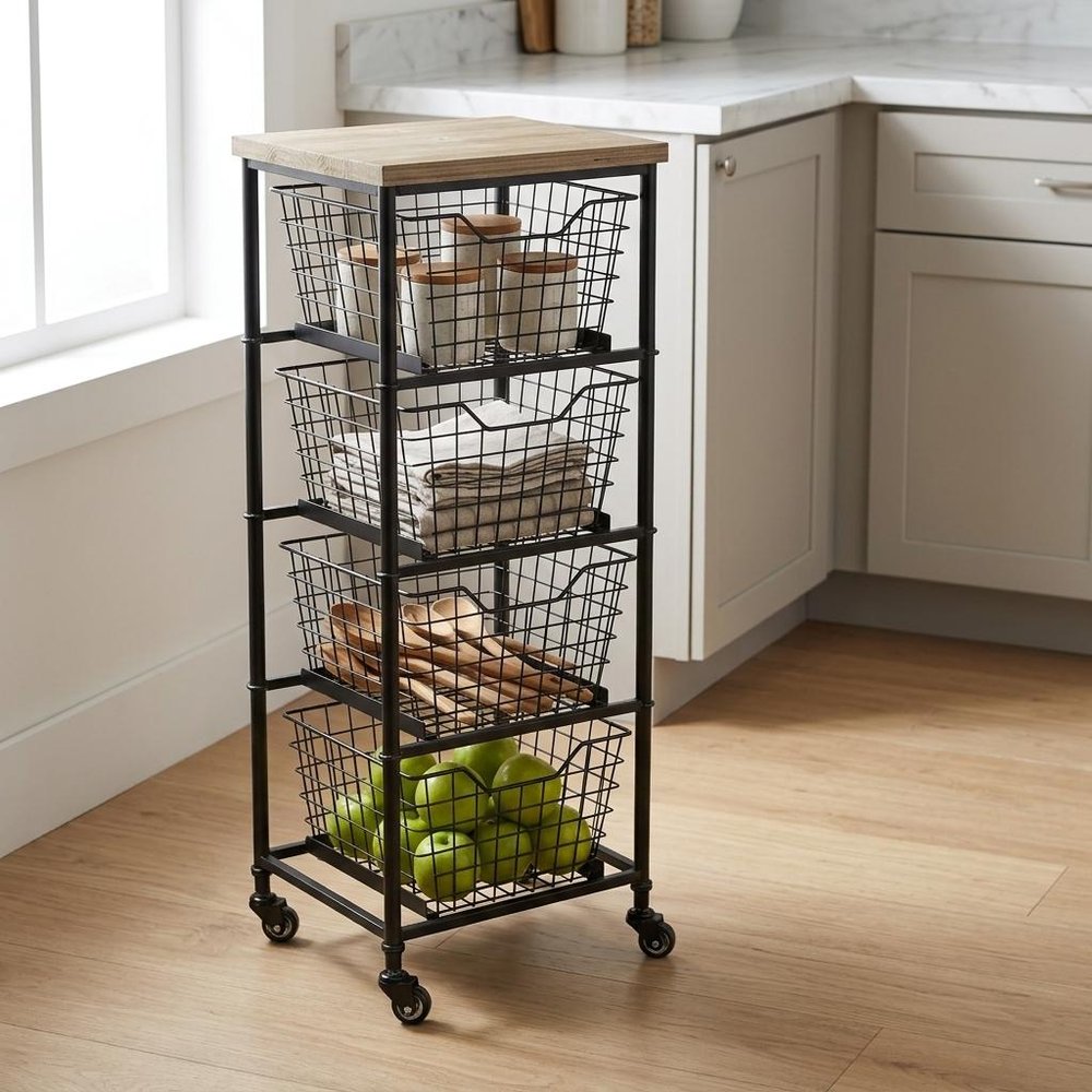 41" Black And Natural Metal And Wood Basket Storage Rolling Cabinet — view 7