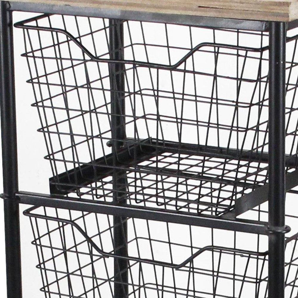 41" Black And Natural Metal And Wood Basket Storage Rolling Cabinet — view 8