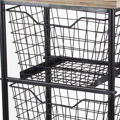 41" Black And Natural Metal And Wood Basket Storage Rolling Cabinet