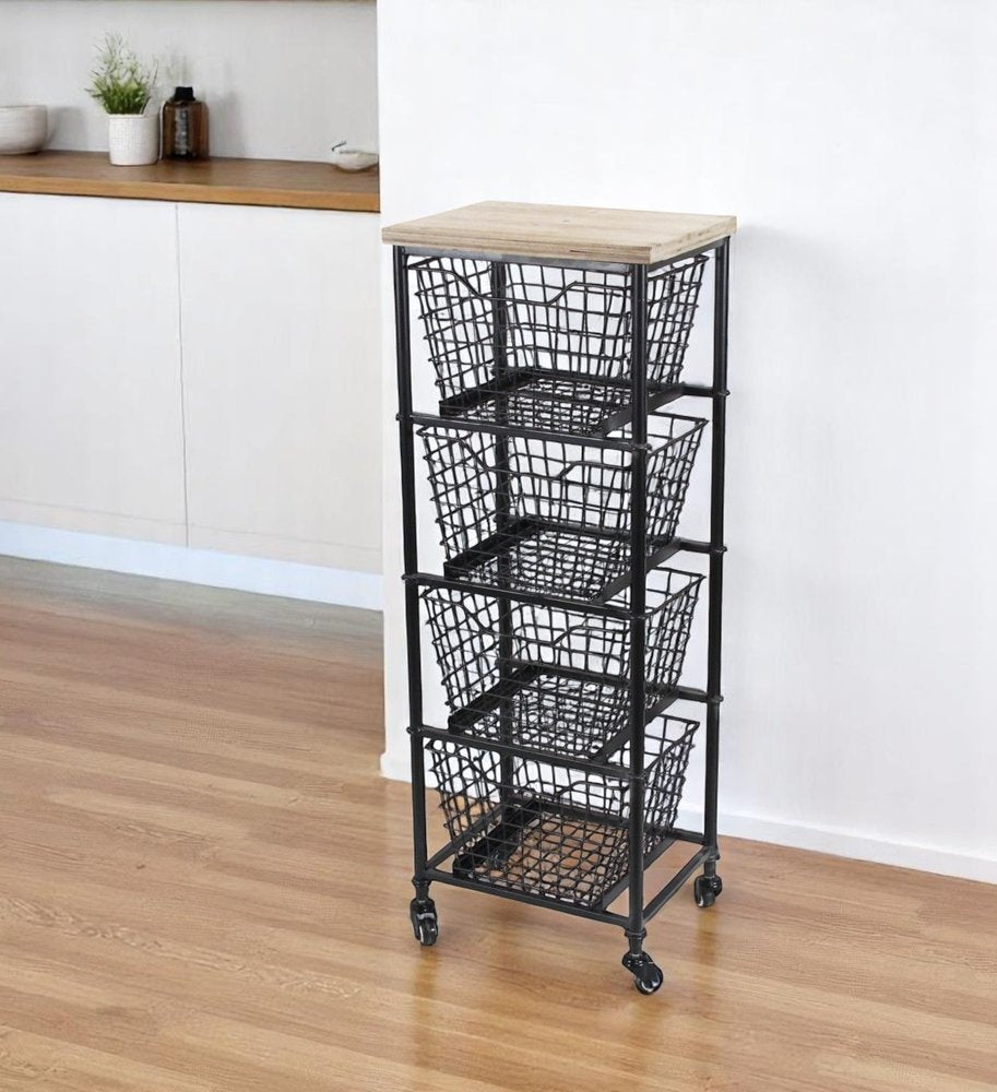 41" Black And Natural Metal And Wood Basket Storage Rolling Cabinet
