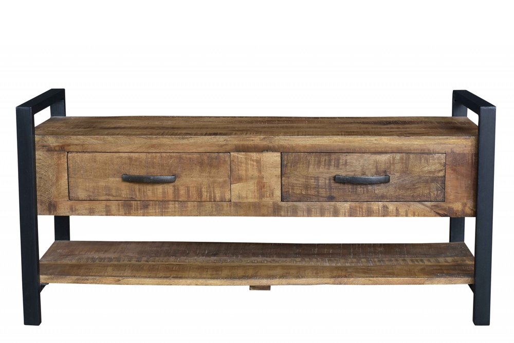 46" Natural and Black Metal Distressed Solid Wood Storage Bench with Drawers HomeRoots