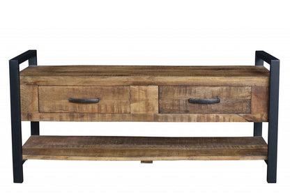 46" Natural and Black Metal Distressed Solid Wood Storage Bench with Drawers HomeRoots