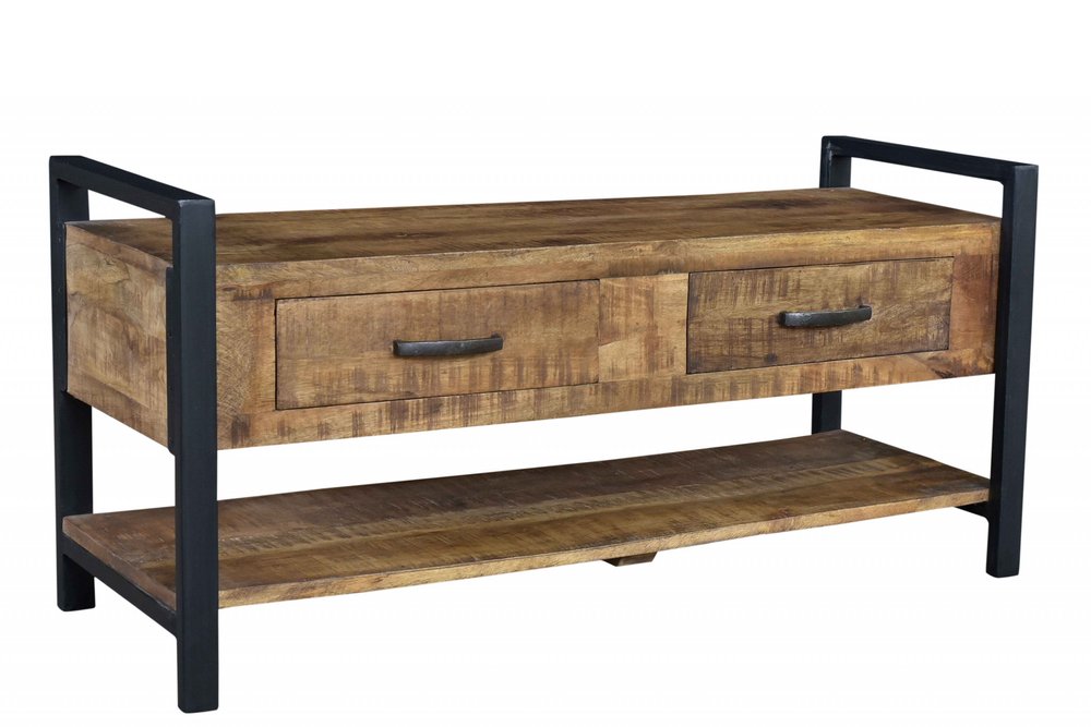 46" Natural and Black Metal Distressed Solid Wood Storage Bench with Drawers HomeRoots