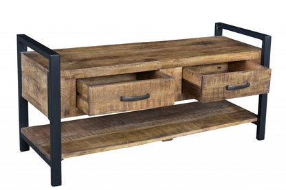 46" Natural and Black Metal Distressed Solid Wood Storage Bench with Drawers HomeRoots