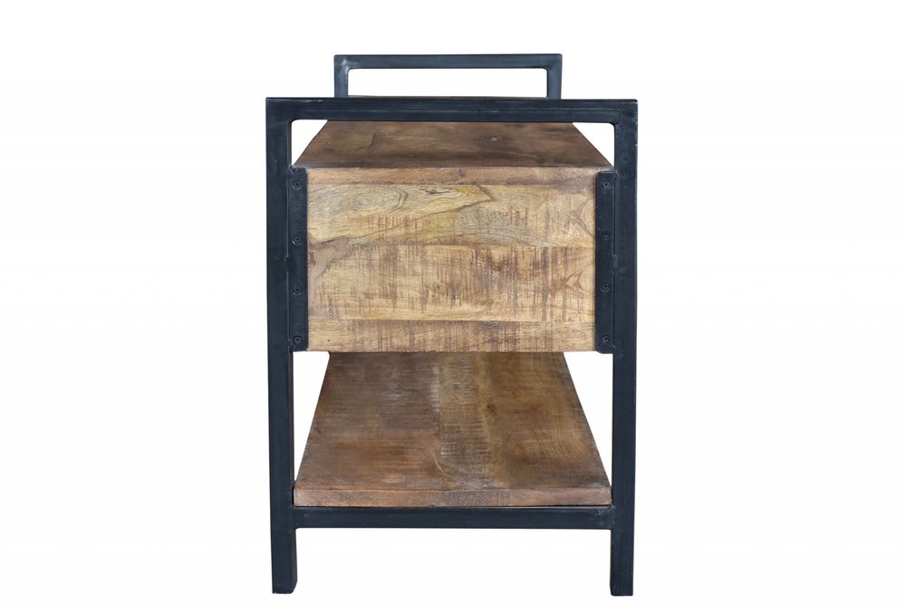 46" Natural and Black Metal Distressed Solid Wood Storage Bench with Drawers HomeRoots