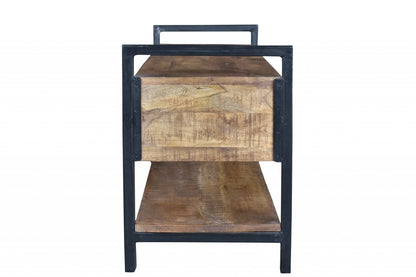 46" Natural and Black Metal Distressed Solid Wood Storage Bench with Drawers HomeRoots