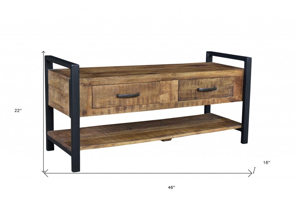 46" Natural and Black Metal Distressed Solid Wood Storage Bench with Drawers HomeRoots