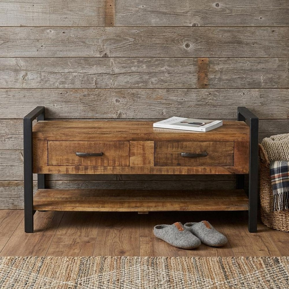 46" Natural and Black Metal Distressed Solid Wood Storage Bench with Drawers HomeRoots