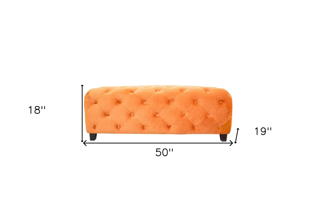 50" Orange and Dark Brown Velvet and Solid Wood Upholstered Bench HomeRoots