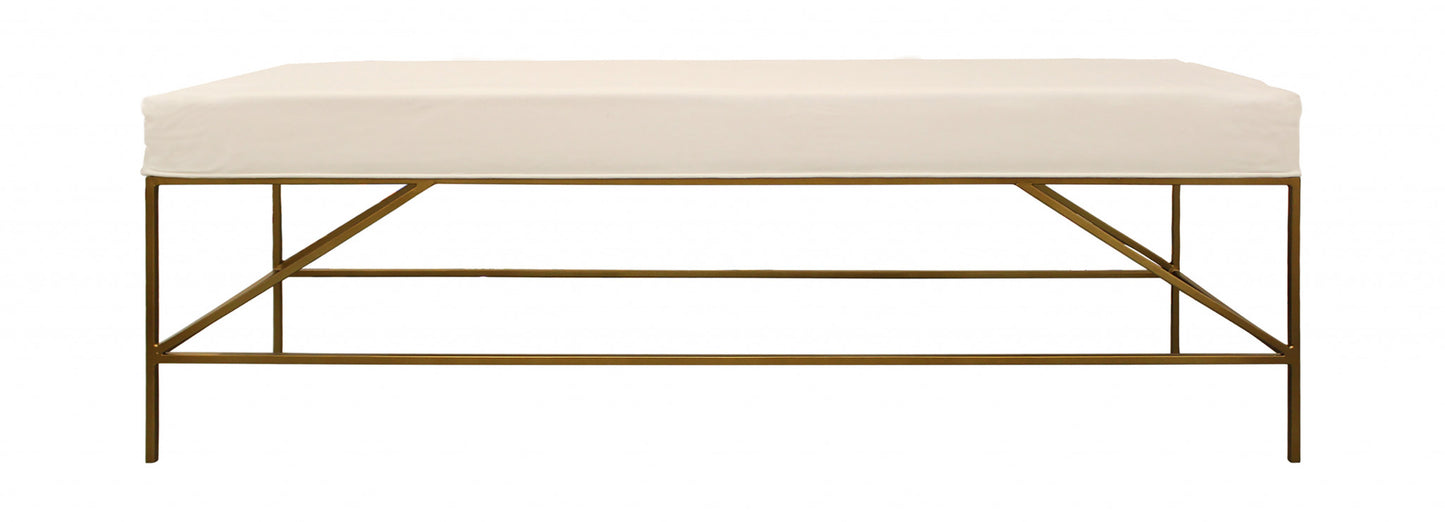 58" Ivory and Gold Upholstered Linen Bench