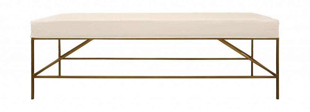 58" Ivory and Gold Upholstered Linen Bench HomeRoots