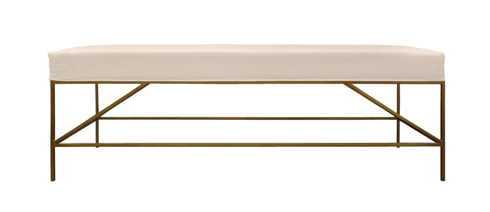 58" Ivory and Gold Upholstered Linen Bench HomeRoots