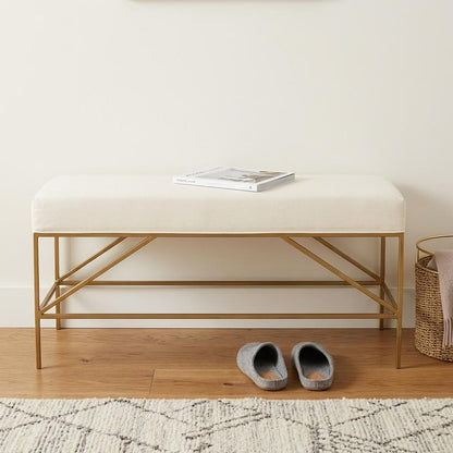 58" Ivory and Gold Upholstered Linen Bench HomeRoots