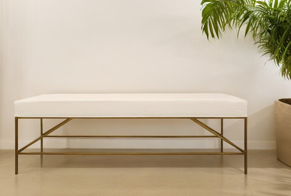 58" Ivory and Gold Upholstered Linen Bench HomeRoots