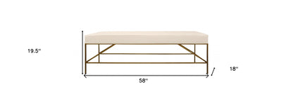 58" Ivory and Gold Upholstered Linen Bench