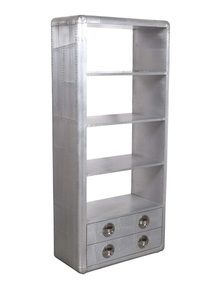 71" Silver Aluminum Four Tier Bookcase with Two Drawers HomeRoots