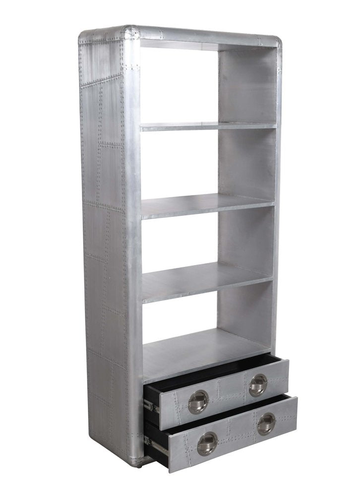 71" Silver Aluminum Four Tier Bookcase with Two Drawers HomeRoots
