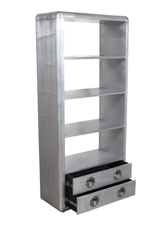 71" Silver Aluminum Four Tier Bookcase with Two Drawers HomeRoots