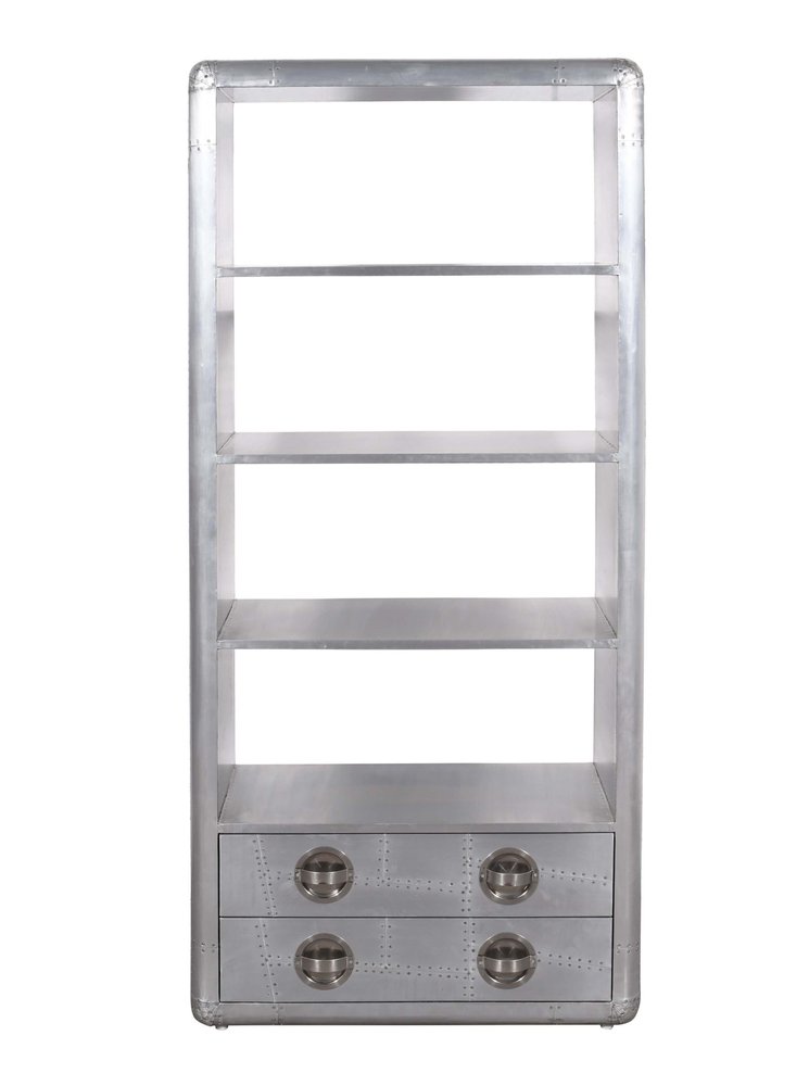 71" Silver Aluminum Four Tier Bookcase with Two Drawers HomeRoots