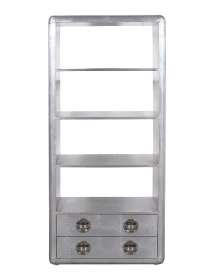 71" Silver Aluminum Four Tier Bookcase with Two Drawers HomeRoots