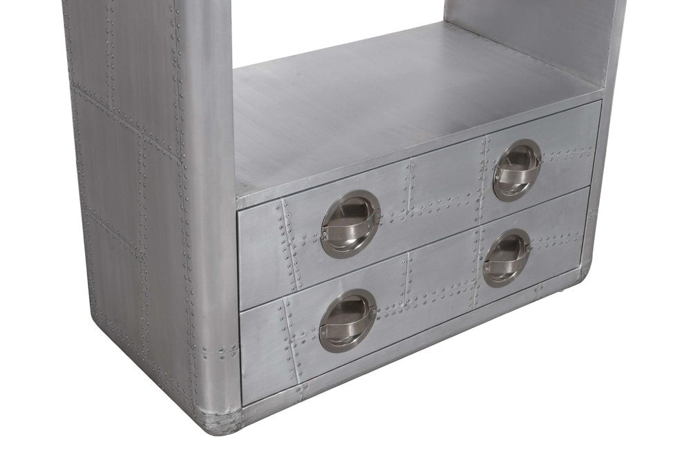 71" Silver Aluminum Four Tier Bookcase with Two Drawers HomeRoots