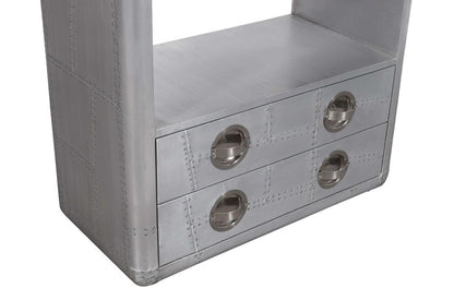 71" Silver Aluminum Four Tier Bookcase with Two Drawers HomeRoots