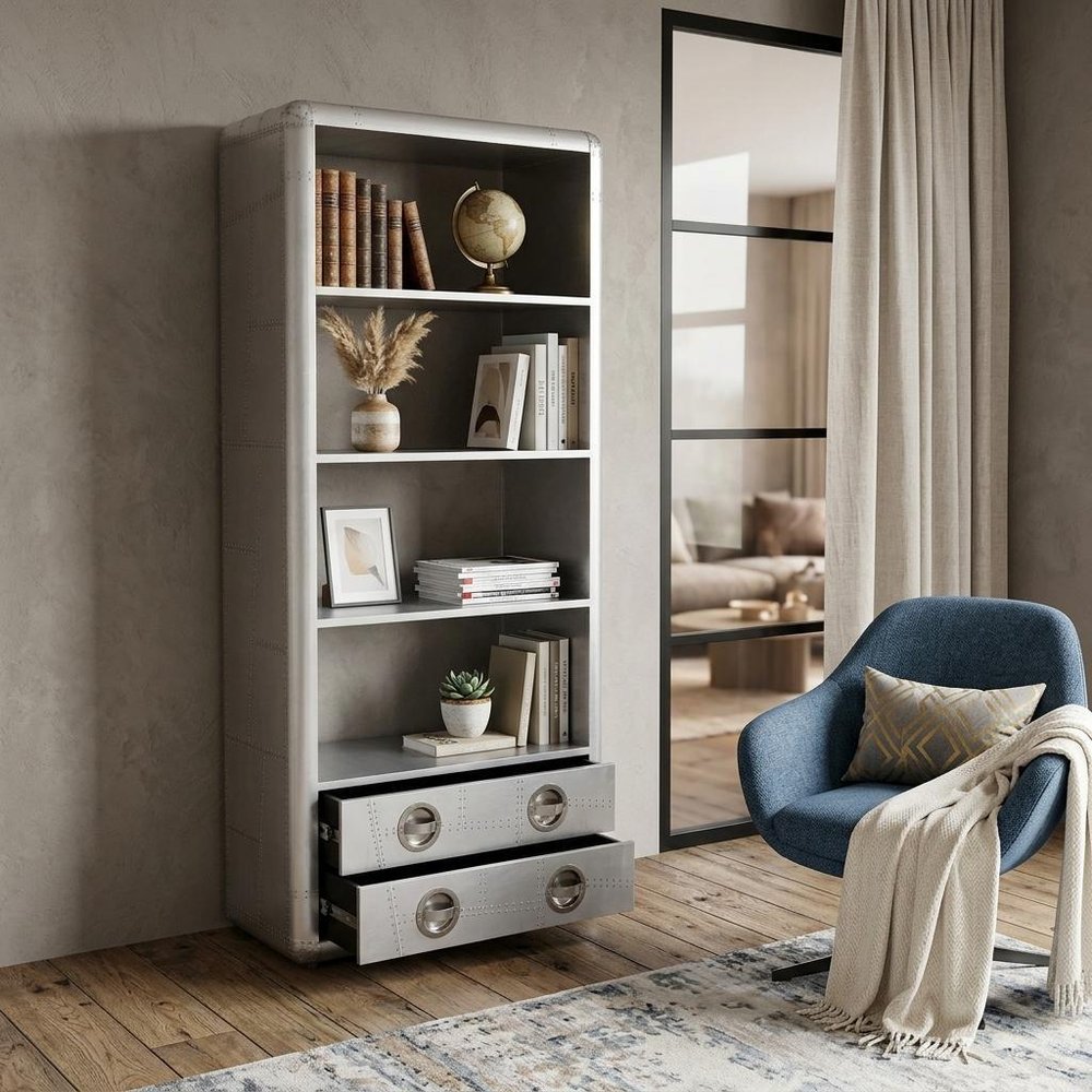 71" Silver Aluminum Four Tier Bookcase with Two Drawers HomeRoots