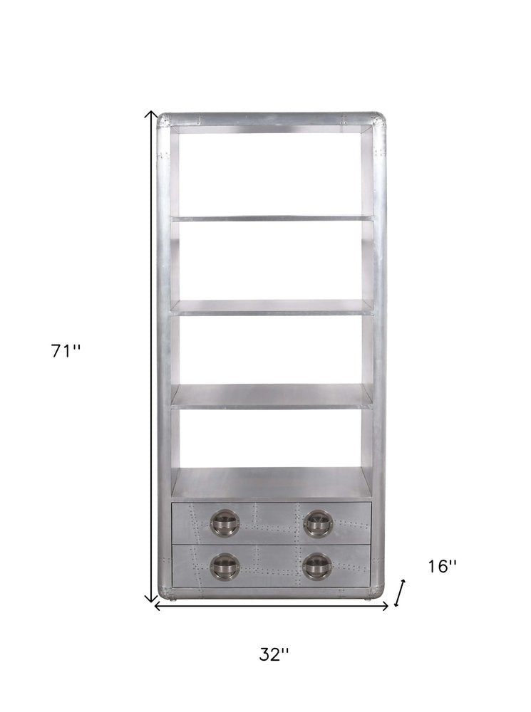 71" Silver Aluminum Four Tier Bookcase with Two Drawers HomeRoots