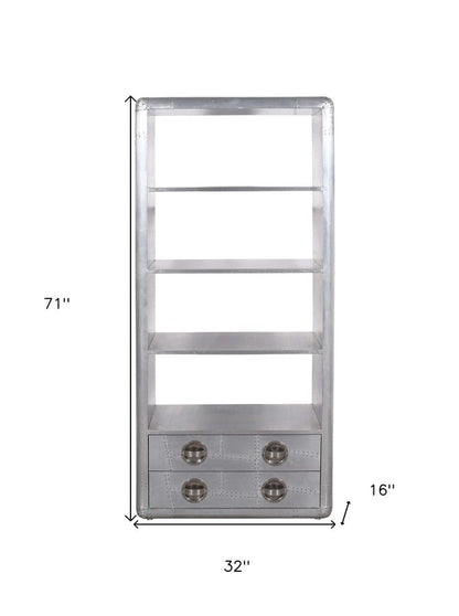 71" Silver Aluminum Four Tier Bookcase with Two Drawers HomeRoots