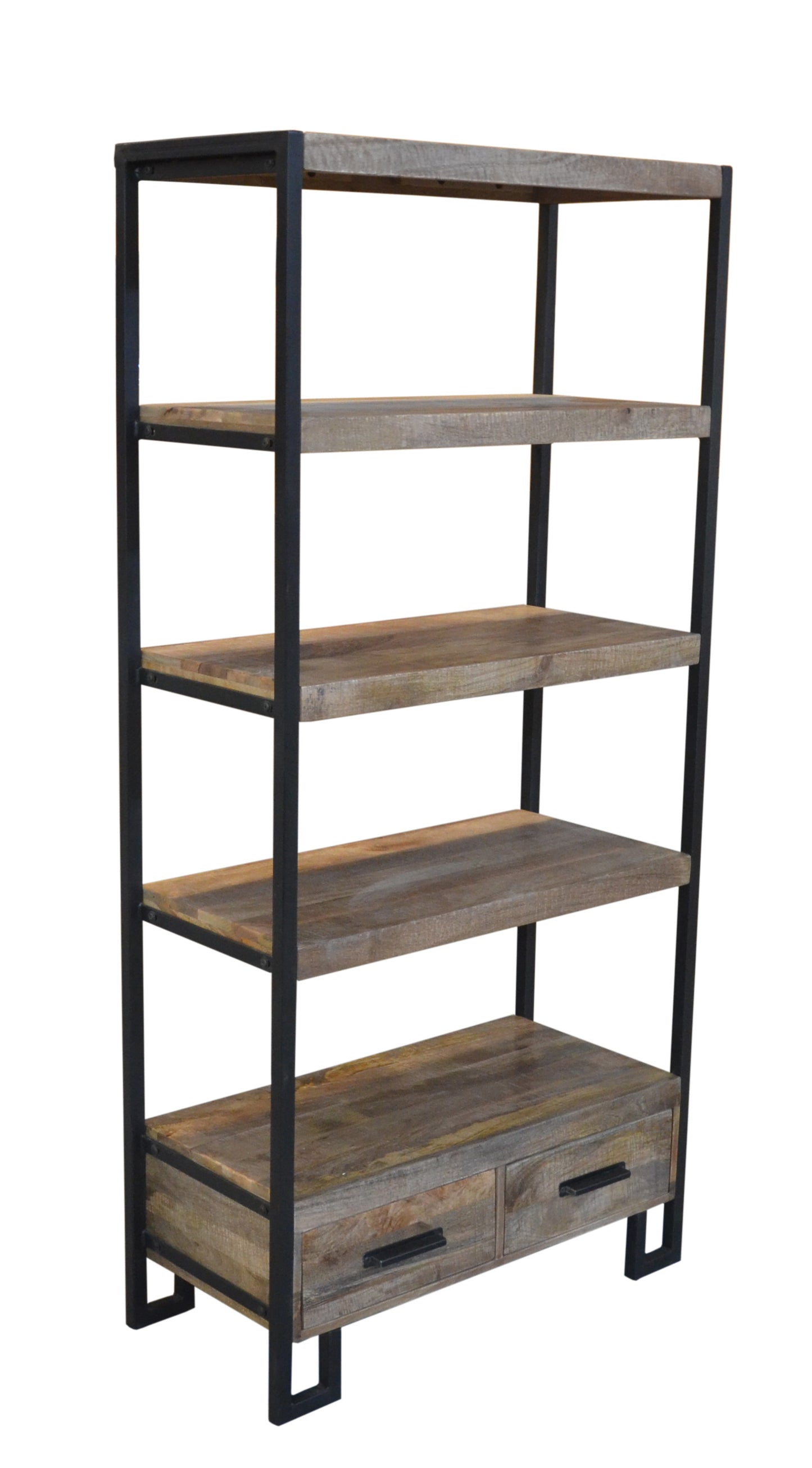 71" Brown Distressed Solid Wood Four Tier Etagere Bookcase with Two Drawers