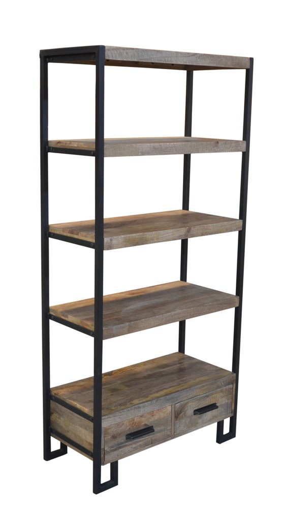 71" Brown Distressed Solid Wood Four Tier Etagere Bookcase with Two Drawers HomeRoots