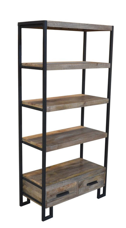 71" Brown Distressed Solid Wood Four Tier Etagere Bookcase with Two Drawers HomeRoots