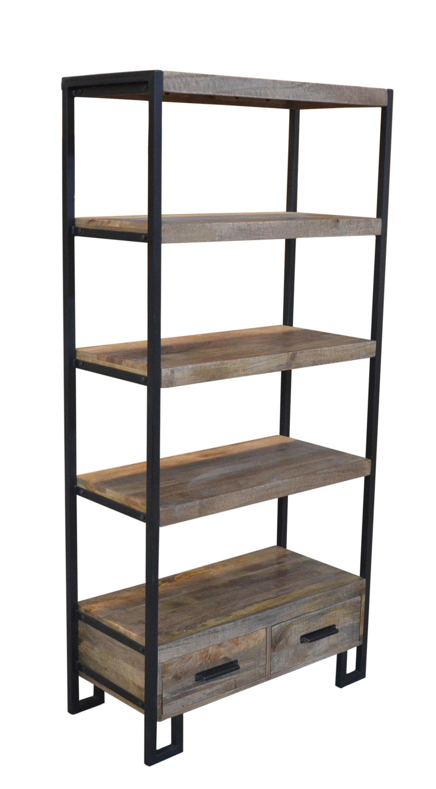 71" Brown Distressed Solid Wood Four Tier Etagere Bookcase with Two Drawers - FurniFindUSA