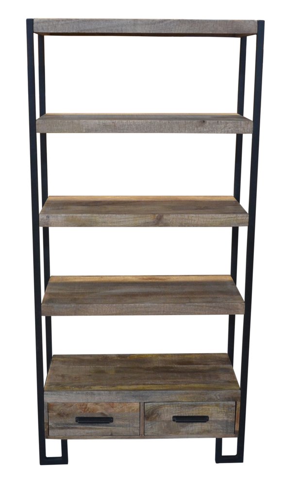 71" Brown Distressed Solid Wood Four Tier Etagere Bookcase with Two Drawers HomeRoots