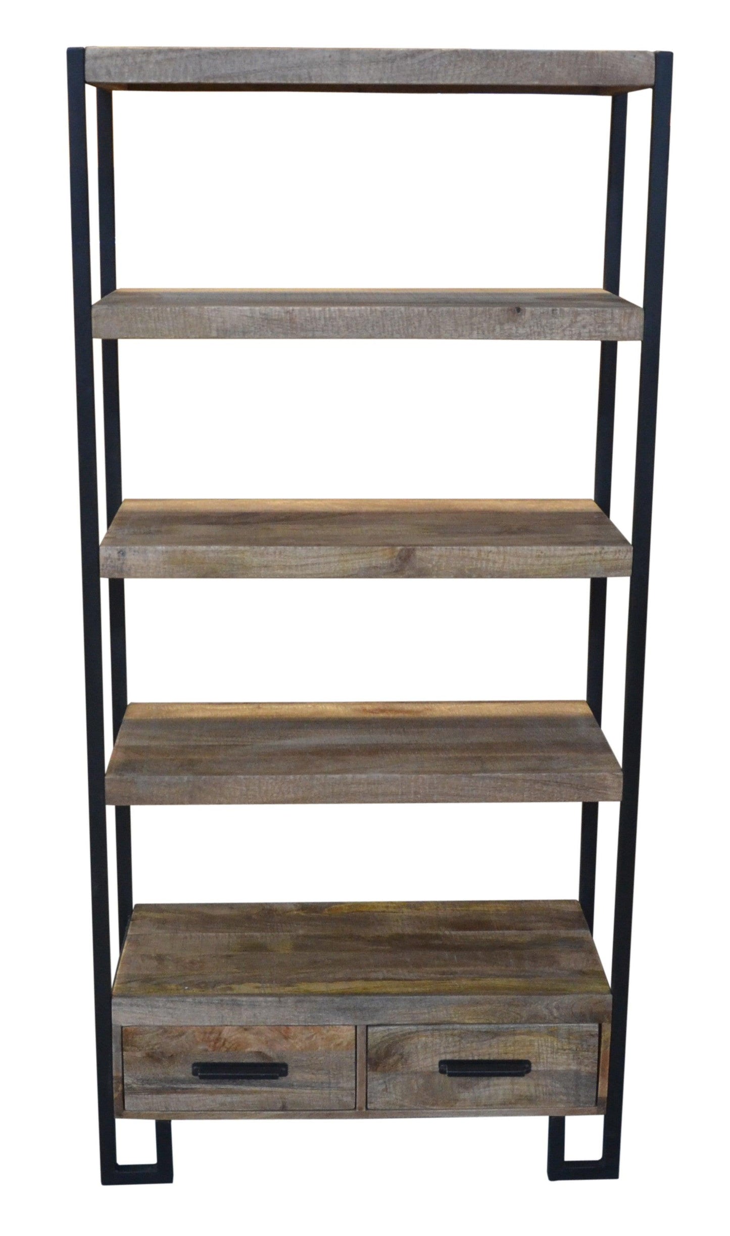 71" Brown Distressed Solid Wood Four Tier Etagere Bookcase with Two Drawers - FurniFindUSA
