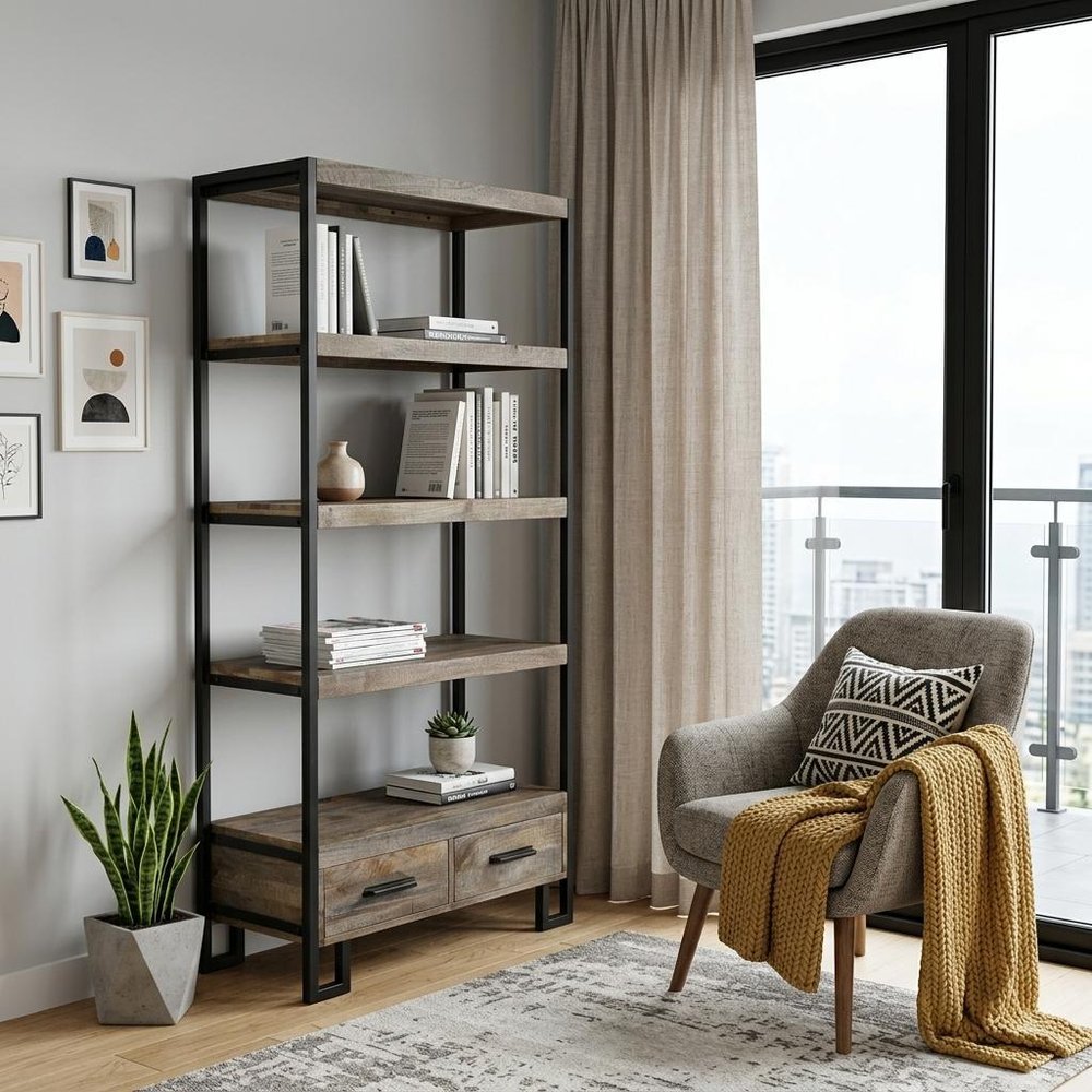 71" Brown Distressed Solid Wood Four Tier Etagere Bookcase with Two Drawers HomeRoots
