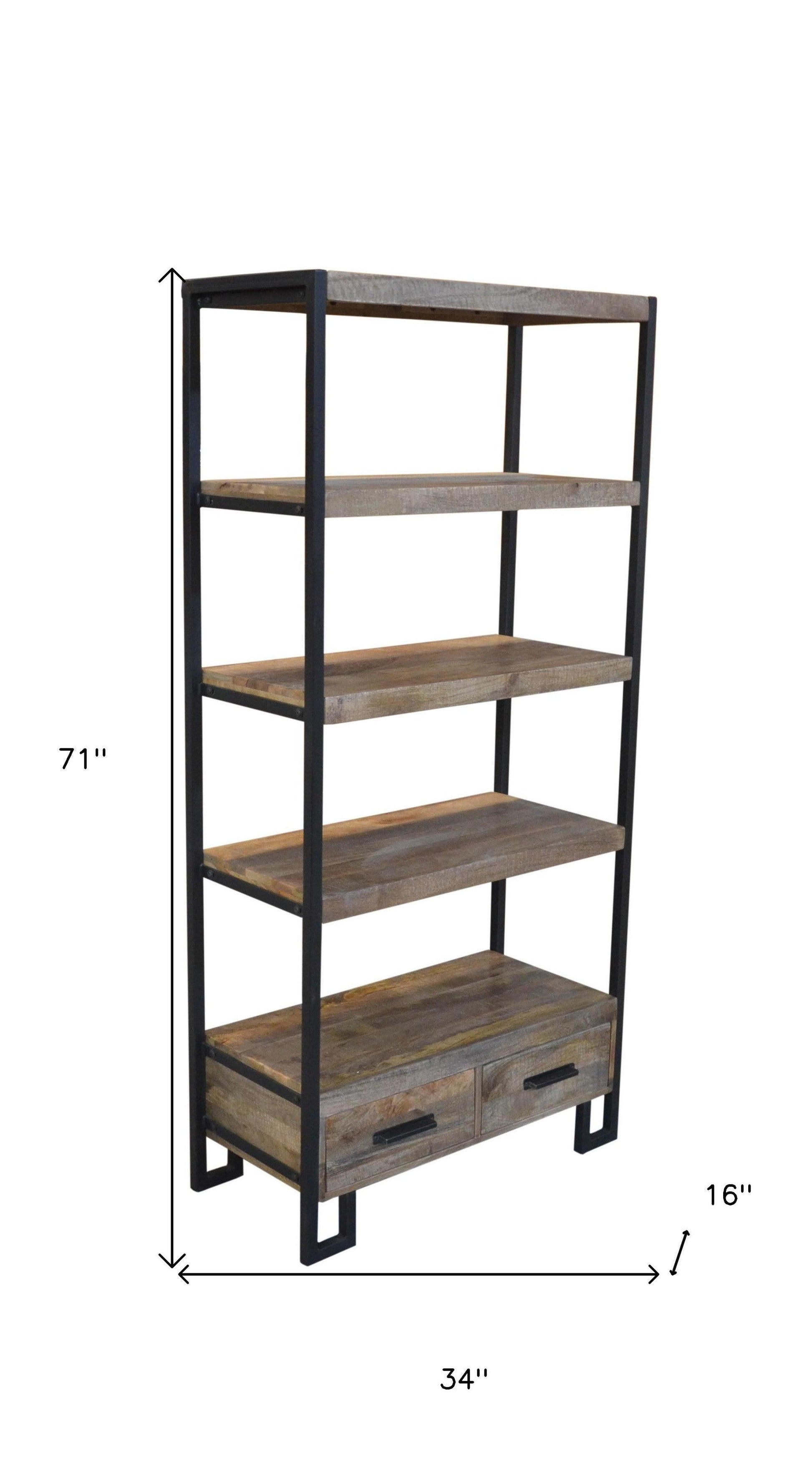 71" Brown Distressed Solid Wood Four Tier Etagere Bookcase with Two Drawers - FurniFindUSA