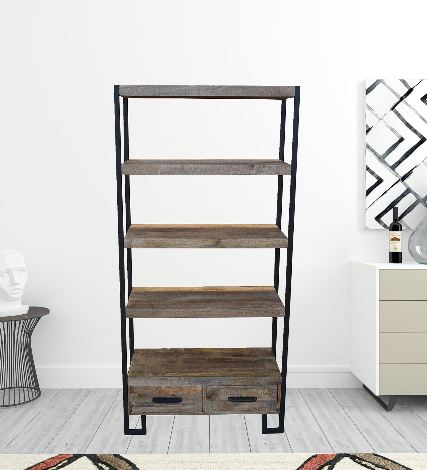 71" Brown Distressed Solid Wood Four Tier Etagere Bookcase with Two Drawers - FurniFindUSA