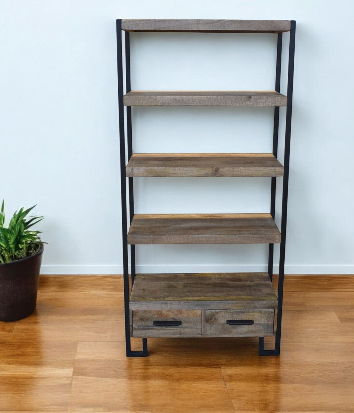 71" Brown Distressed Solid Wood Four Tier Etagere Bookcase with Two Drawers