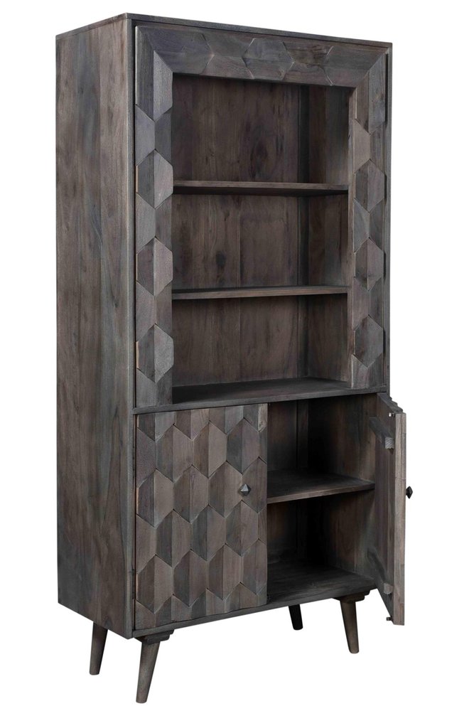 70" Gray Distressed Solid Wood Three Tier Bookcase with Two Doors HomeRoots