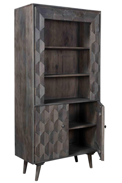 70" Gray Distressed Solid Wood Three Tier Bookcase with Two Doors HomeRoots