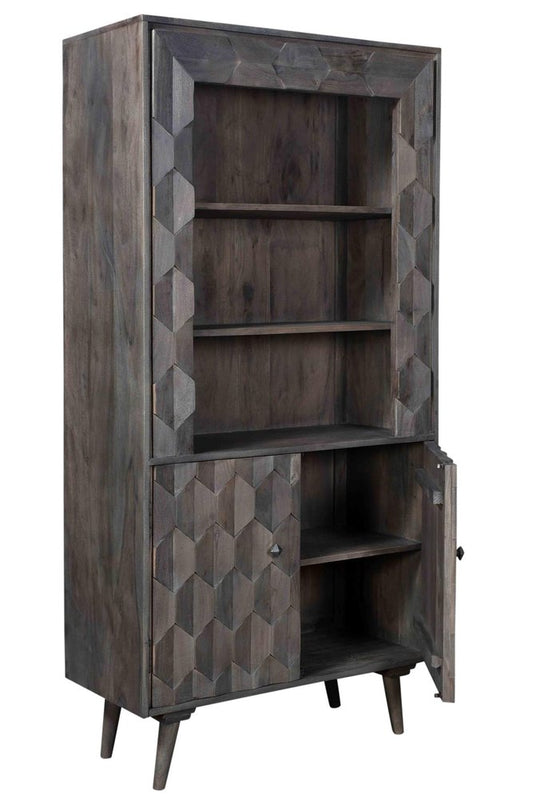 70" Gray Distressed Solid Wood Three Tier Bookcase with Two Doors HomeRoots